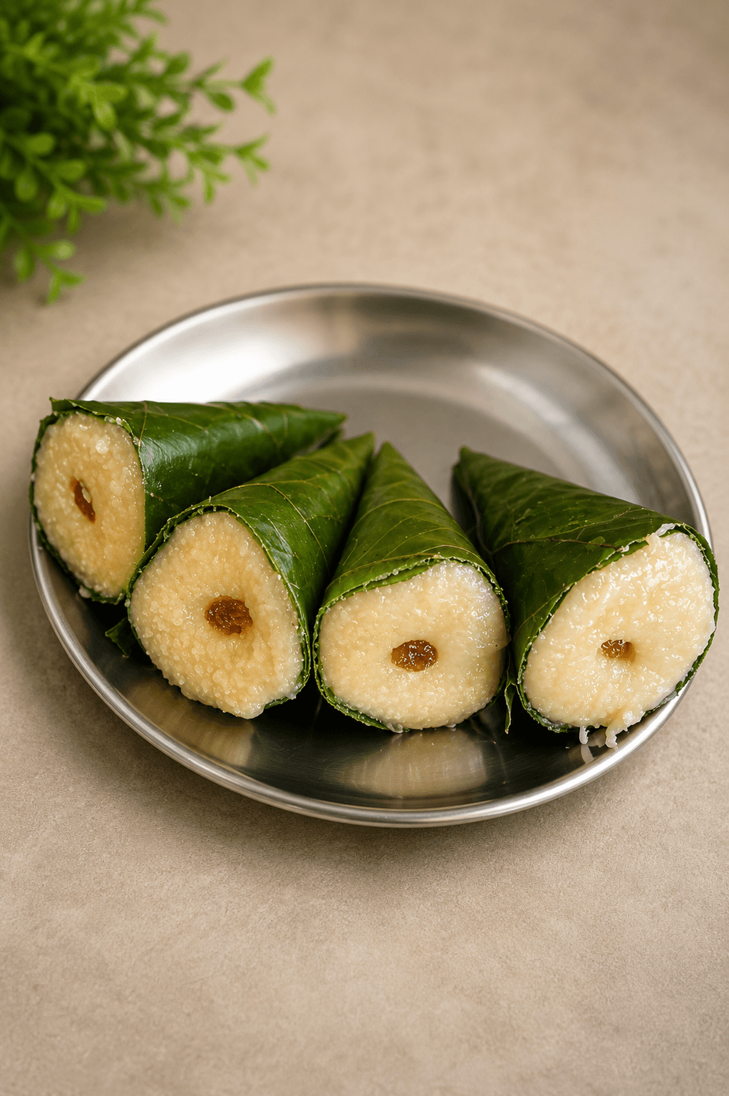 A khoya-and-coconut Singodi sweet wrapped in a folded green malu leaf