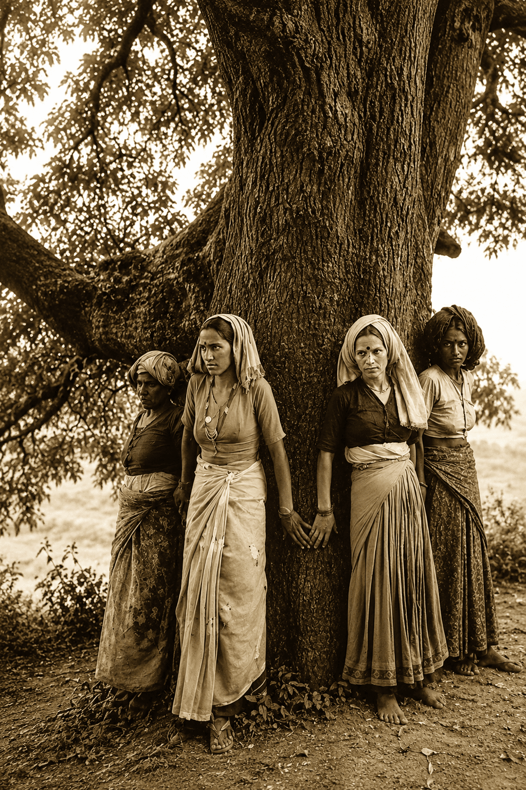 Villagers embracing tree trunks to physically block loggers, the defining image of the Chipko Movement