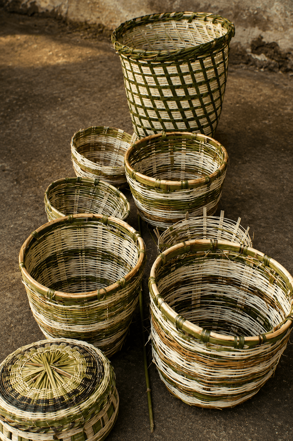 Hand-woven Ringal bamboo baskets and containers displayed at an artisan workshop